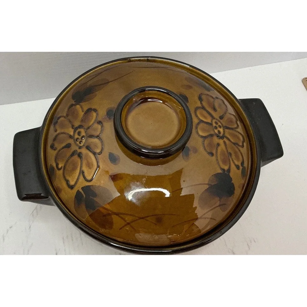 Vintage Ceramic Casserole Bean Pot with Lid Brown Floral Oven Proof Stoneware